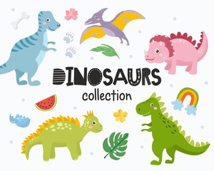 Set of cute dinosaurs isolated on white background. Kids illustration. Funny cartoon Dino collection and prehistoric elements. Tropical leaves, dino eggs, rainbow.