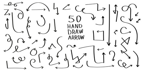 Isolated vector 50 hand drawn arrows set on a white background
