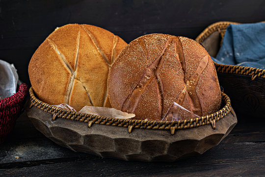 Moroccan Bread, Artisan sourdough bread, Round bread, Crusty fresh bread assortment background,  isolated on white