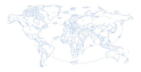 World map plane tracks. Aviation track path on world map, airplane route line and travel routes or itinerary pathway. Aircraft planes fly air transportation track vector illustration
