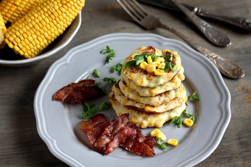 corn fritters  and Bacon. pancakes with corn. dish with corn.
