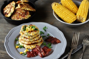 corn fritters  and Bacon. pancakes with corn. dish with corn.