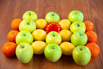 Coronavirus hiding in usual things - check cleanse and freshness of your fruits and food. One of the bunch. Apples, oranges, lemons on the kitchen's table. Pandemic, epidemic concept, disinfecting.