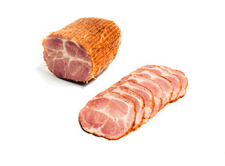 sliced jerky and sausage on a white background