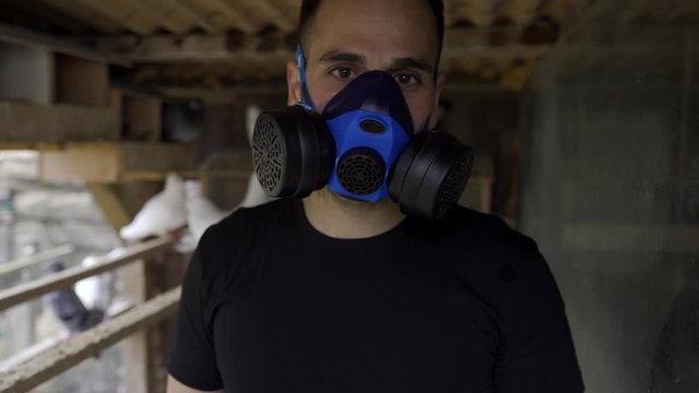 Young man working with an antibacterial mask and black clothes, inside a dovecote.