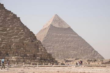 Giza pyramids, next to Cairo in Egypt, Africa. Huge and historic buildings.