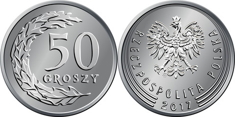 vector Polish Money fifty groszy silver coin reverse with Value and 50 leaves in semicircle shape, obverse with eagle in crown - obrazy, fototapety, plakaty
