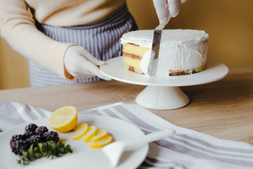 Woman housewife spreading the icing to cover the top of the cake. Housewife smoothing surface using spatula, close up cropped photo. Free time on quarantine. Recipe of home cooking cake.