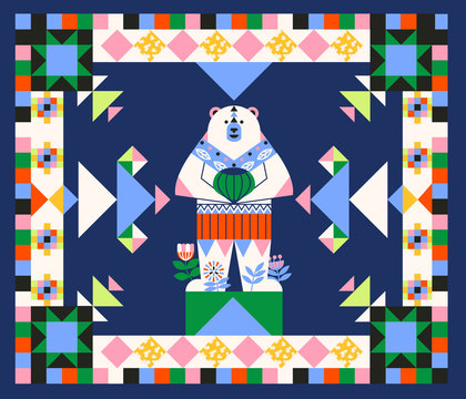 White polar bear with hazelnut and flowers. Nature, animals, wildlife, summer vacations theme. Graphic resources, art, modern vector quilt or fabric design, hand craft, minimalistic scandinavian style