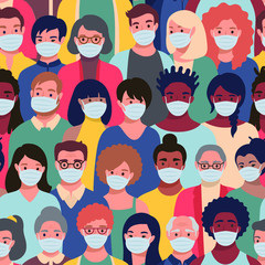 Seamless pattern with people faces in protective masks of different ethnicity and ages. Concept of coronavirus quarantine, air pollution protection repeating background.