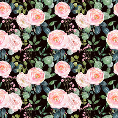 Watercolor neutral soft colors flowers seamless pattern. Hand drawn blush pink rose, ranunculus, greenery, eucalyptus on dark black background. Romantic floral print, vintage style