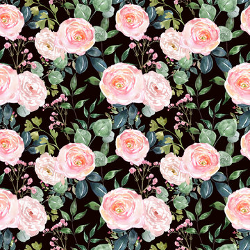 Watercolor neutral soft colors flowers seamless pattern. Hand drawn blush pink rose, ranunculus, greenery, eucalyptus on dark black background. Romantic floral print, vintage style