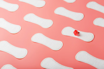 Sanitary pad on a pink background with a red flower. Free space for text.