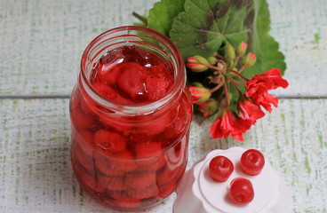 Jam of my grandmother styling cowberry jam in a glass jar