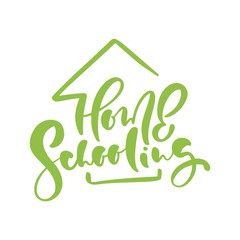 Concept of home schooling logo. Vector Home Schooling calligraphy lettering text and house icon. For studying at home online. Illustration emblem of education