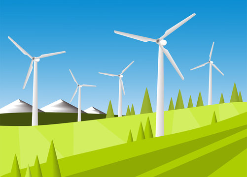 Wind generator and green meadow on a blue sky . Summer rural landscape.