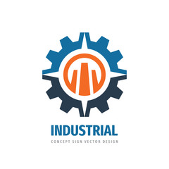 Industrial logo template design. Gear, arrows symbols. Abstract cogwheel concept icon. Idustry manufacture sign. Vector illustration. Technology service. Business development. Plant factory building.