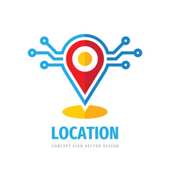 Location concept logo template design. Geo point icon. GPS map marker sign. Modern electronic technology. Data network connection. Vector illustration. 