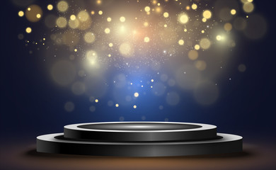 Round podium, pedestal or platform, illuminated by spotlights in the background. Vector illustration. Bright light. Light from above. Advertising place