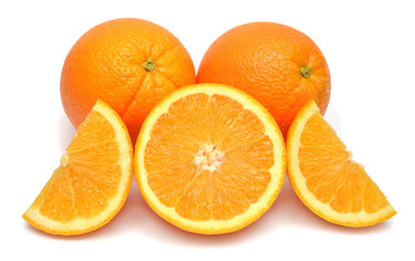 Orange fruit whole and slice isolated on white background. Perfectly retouched, full depth of field on the photo. Creative healthy food concept. Nature, juice. Flat lay, top view