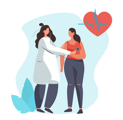Doctor Character Listens Girl's Heart Beating in the Hospital with Stethoscop.Medical Cardiology Worker Emergency Help First Aid.Cardiogram on background.Flat Vector Illustration