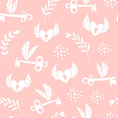 Flying hearts and keys seamless pattern, hand drawn hearts, keys, flowers, leafs, polka dots love background