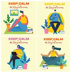 Stay at home. Stop coronavirus. People staying at home for prevent virus Covid19 in the flat style