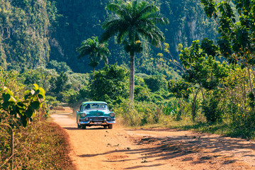 Classic American old cars in the Vinales Valley, Cuba