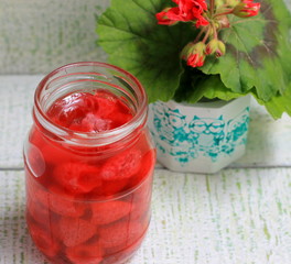 Jam of my grandmother styling strawberry jam in a glass jar
