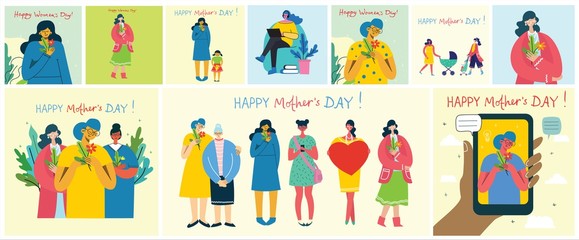 Colorful vector illustration concepts of Happy Mother's day . Mothers with the children in the flat design for greeting cards, posters and backgrounds