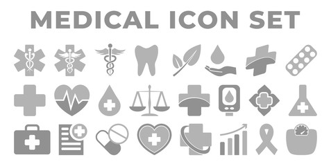 Gray Medical and Health Icon Set with Medicine Icons