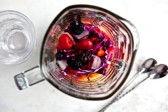 Red berry, cabbage and†almond smoothie ingredients in blender