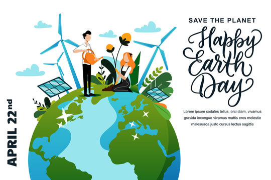 Happy Earth Day Banner Or Poster. Vector Characters Illustration And Calligraphy Lettering. People Care For Plants