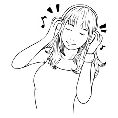 vector illustration cute girl listening music with headphone, line art