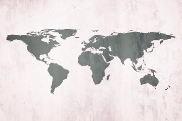 Abstract World Map on White Grunge Cement Wall Texture Background.