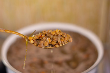 Homemade lentil soup in a spoon, close-up.