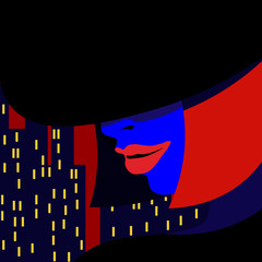 Young beautiful woman in a hat on a background of the night city. Vector illustration in pop art style for advertising.