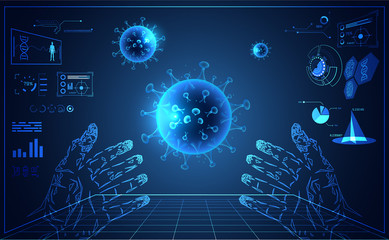 Abstract interface laboratory for healthcare medical medicine and mesh Virus infection Covid-19,Coronavirus,Sars disease,SARS-CoV-2 disease concept research information for treat on blue background.
