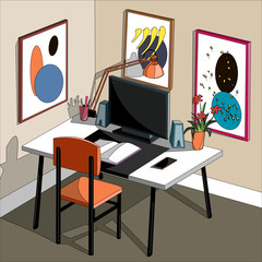 Vector illustration of a home office. A desktop with a computer, a chair and paintings on the wall.