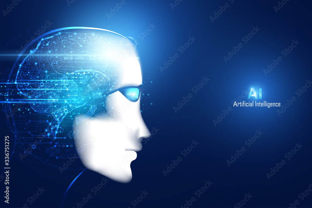 Poster abstract smart artificial intelligence digital futuristic technology face with brain wireframe blue 