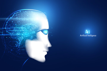 Abstract smart artificial intelligence digital futuristic technology face with brain wireframe blue concept ai humanoid head virtual neural network thinks,information,analysis,cybernetic mind,Big data