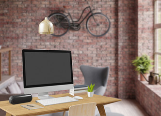 working desk ,mock up computer screen,copy space,template,work from home,3d rendering,illustration