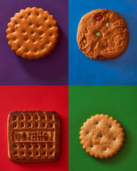 composition ellow pills in a large white spoon and a glass beaker on a colored background