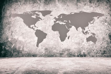 Abstract World Map on White Grunge Concrete Room Background, Suitable for Business Concept. Elements of this Image Furnished by Nasa.