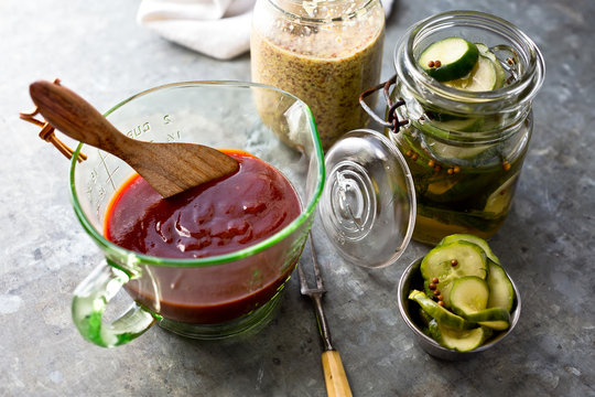 Homemade Tomato Ketchup, Bread And Butter Pickles And Grainy Mustard