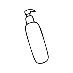 Cosmetic bottle with dispenser pump for gel, lotion, cream, shampoo, bath foam. Beauty product package, vector illustration. Hand drawn graphic.