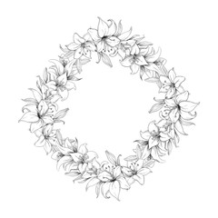 sketch of a wreath of lilies on a white background. engraving or drawing.
