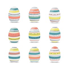 Set of Easter eggs. Stripes, waves, dots, hearts, stars. Perfect for holiday greetings. Vector illustration.