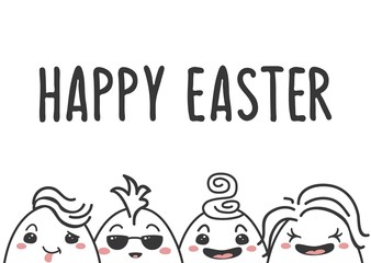 Greeting card with text Happy Easter and  Easter eggs in kawaii style. Easter eggs with face. Perfect for holiday greetings. Vector illustration.