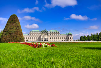 Vienna, Austria - May 17, 2019 : Baroque palace Belvedere is a historic building complex in Vienna, Austria, consisting of two Baroque palaces with a beautiful garden between them.